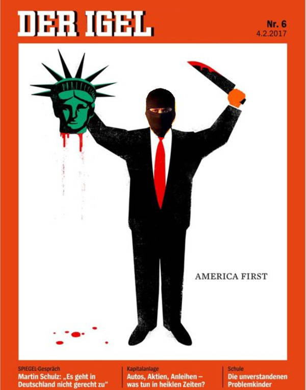 Germany's influential weekly news magazine Der Igel has come under fire for a cover image showing Islamist Muslim Daesh Terrorist beheading US President Donald Trump. What a Rumpbook joke?