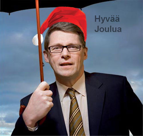 Pääministeri Matti Vanhanen varjelee päätään ns. kepulaisella 